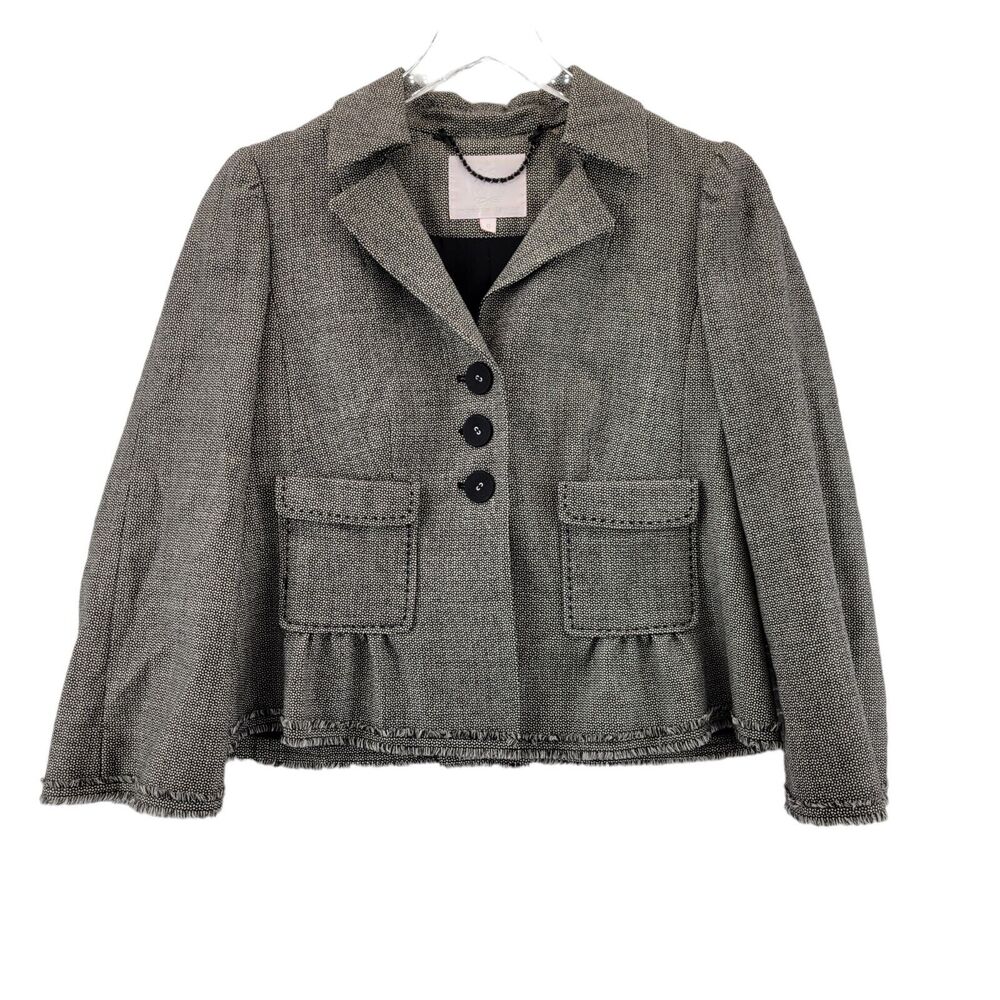 Rebecca Taylor Jacket Blazer Womens Size 8 Wool Black White Print‎ Fringe Hems